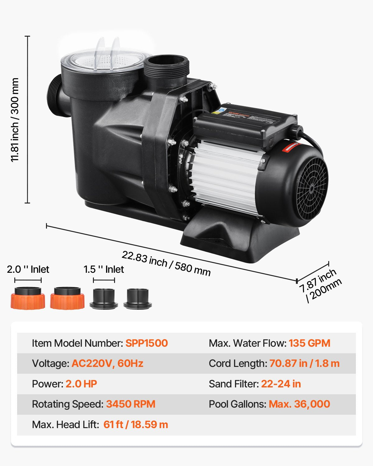 Above Ground Pool Pump, 2 HP, 135 GPM Max Flow Single Speed Swimming Pool Pump, 220V 3450 RPM 61 ft Max Head Lift with PP Shell Strainer Basket, 122°F Max Water Temp, for Hot Tubs Spas, No Plug