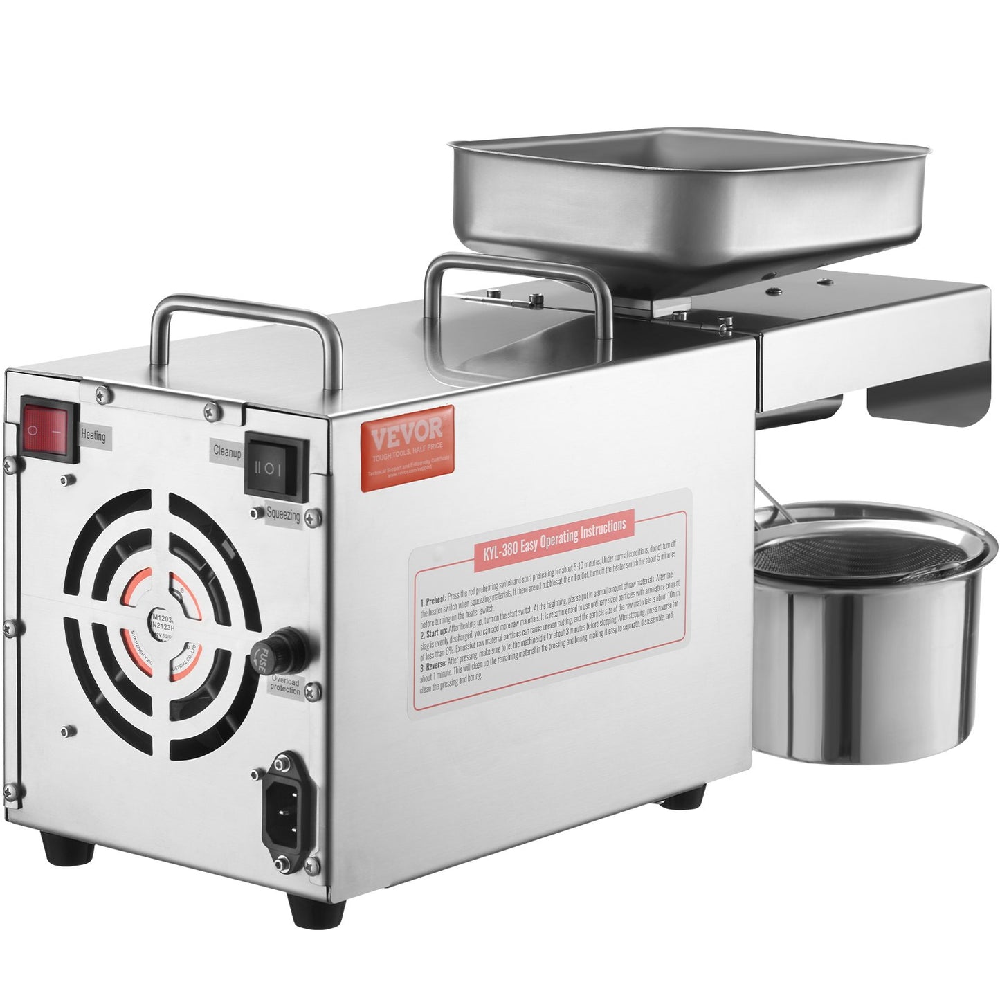 Elektrisk oljepressmaskin, 700 W oljeextraktionsmaskin i rostfritt stål, 140 ℃ / 284 ℉ konstant temperatur, varmpressoljeutdrivare för pressning av jordnötter, sesamfrön, raps, tefrön