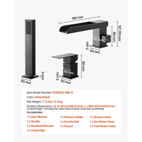 romersk badkarsblandare, badkarsblandare med 3 hål och vattenfall, utbredda romerska badkarsblandare med duschmunstycke och 1 handtag, romerska badkarsblandare för husdjurstvätt, bad för vuxna, mattsvart, rostfritt stål | EU