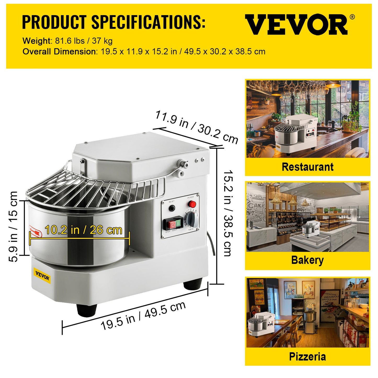 Commercial Food Mixer, 7.3Qt Capacity, 450W Dual Rotating Dough Kneading Machine with Food-grade Stainless Steel Bowl, Security Shield & Timer Included, Baking Equipment for Restaurant Pizzeria