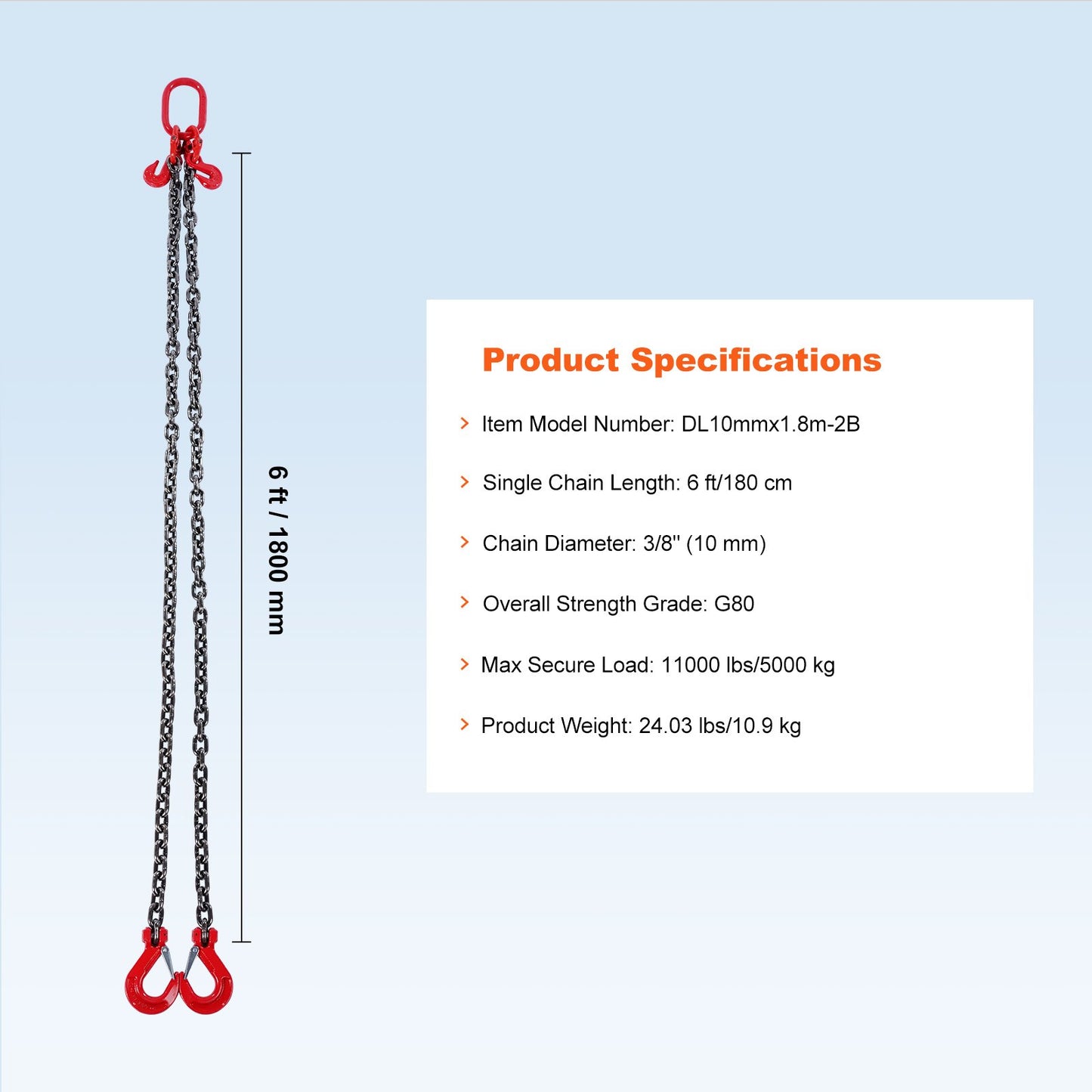 3/8" x 6' Chain Sling 2 Legs G80 Lifting Chain with Grab Hooks 11000 lbs