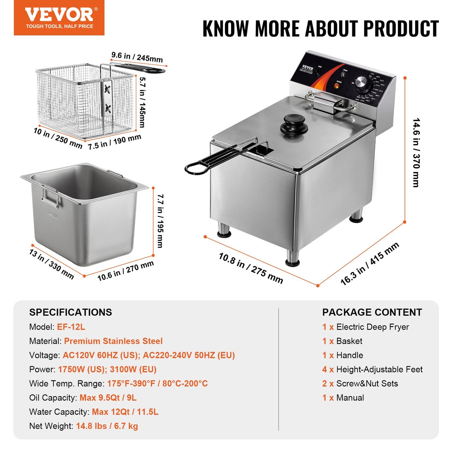 Commercial Deep Fryer, 1750W Electric Countertop Fryer with Basket & Height-Adjustable Feet, 12Qt / 11.5L Stainless Steel Single Oil Fryer, Temp Control, Overheat Protection, for Restaurant Use