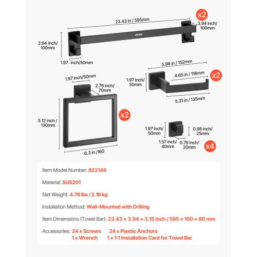 Mattsvart Badrumsbeslagset, 10-delars badrumstillbehörsset, 2 handdukshängare i rostfritt stål 24-tums, 2 handdukshängare, 4 handdukskrokar, 2 toalettpappershållare för badrum, väggmonterad | EU