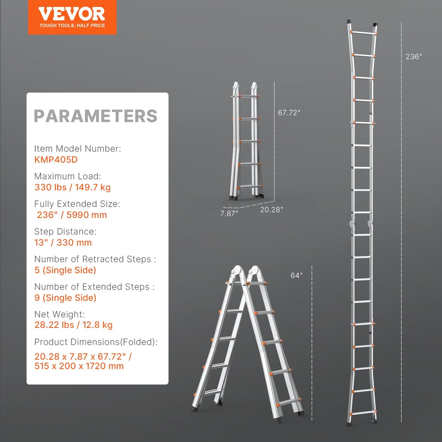 Telescoping Ladder A Frame, 20 FT Compact Aluminum Extension Ladder, Multi-Function Portable Collapsible RV Ladder, Telescopic Ladder for Homework Stairs Indoor Outdoor Roof, 330lb Load