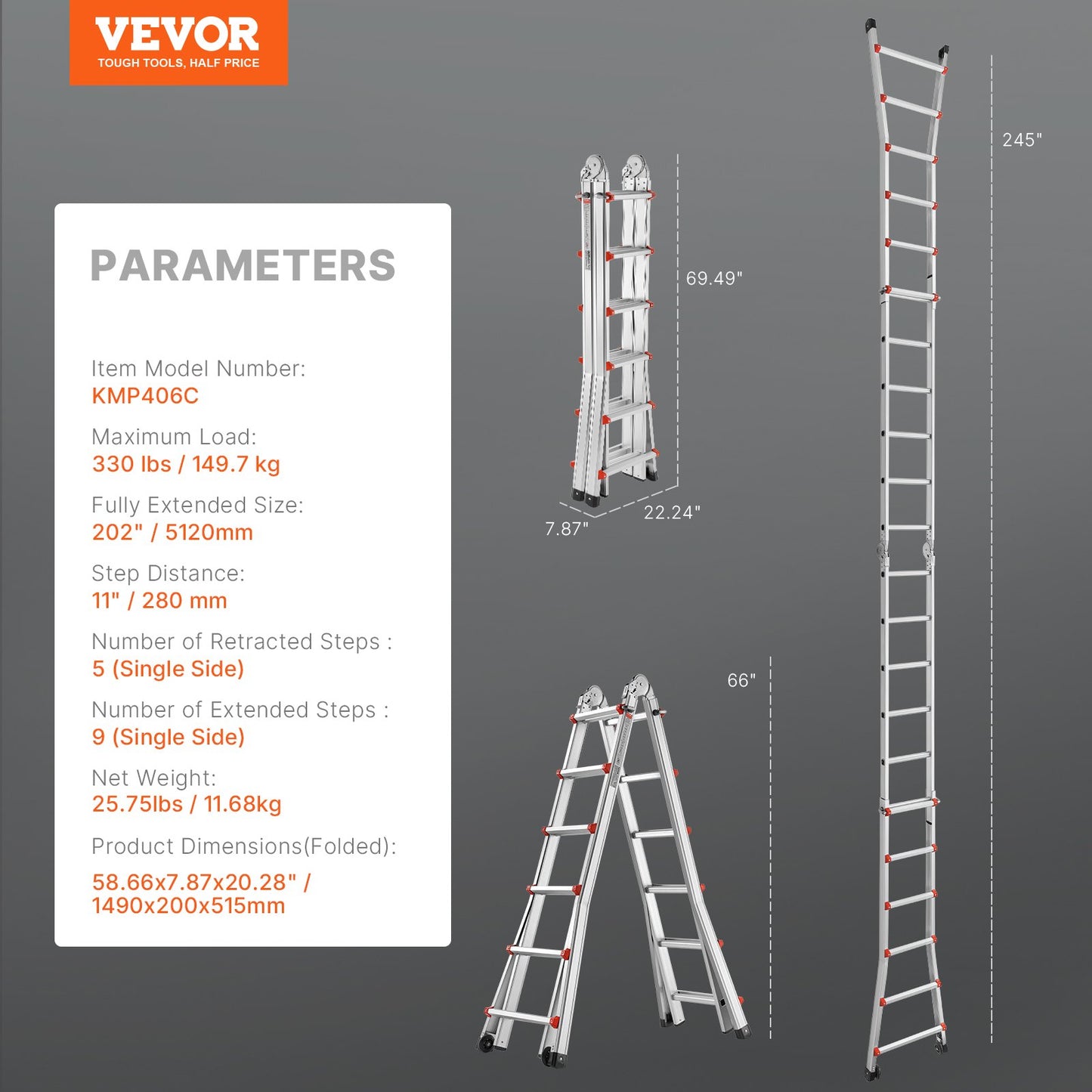 Telescoping Ladder A Frame, 20.5 FT Compact Aluminum Extension Ladder, Multi-Function Portable Collapsible RV Ladder, Telescopic Ladder for Homework Stairs Indoor Outdoor Roof, 330lb Load