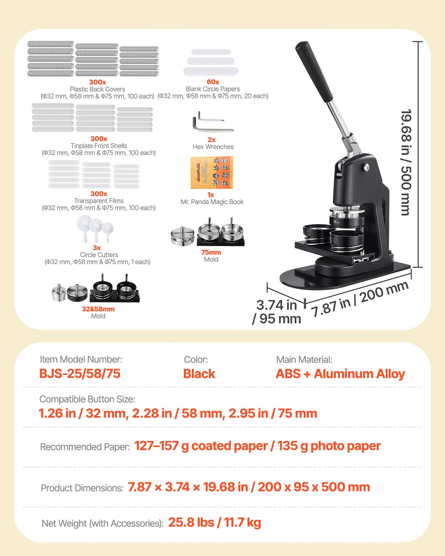 Button Maker Machine, 1.26/2.28/2.95 inch 3-in-1, Plastic Pin Maker with 300pcs Button Parts, Circle Cutter and Magic Book, Reinforced Ergonomic Handle, for DIY Badges, Personalized Pins, Black