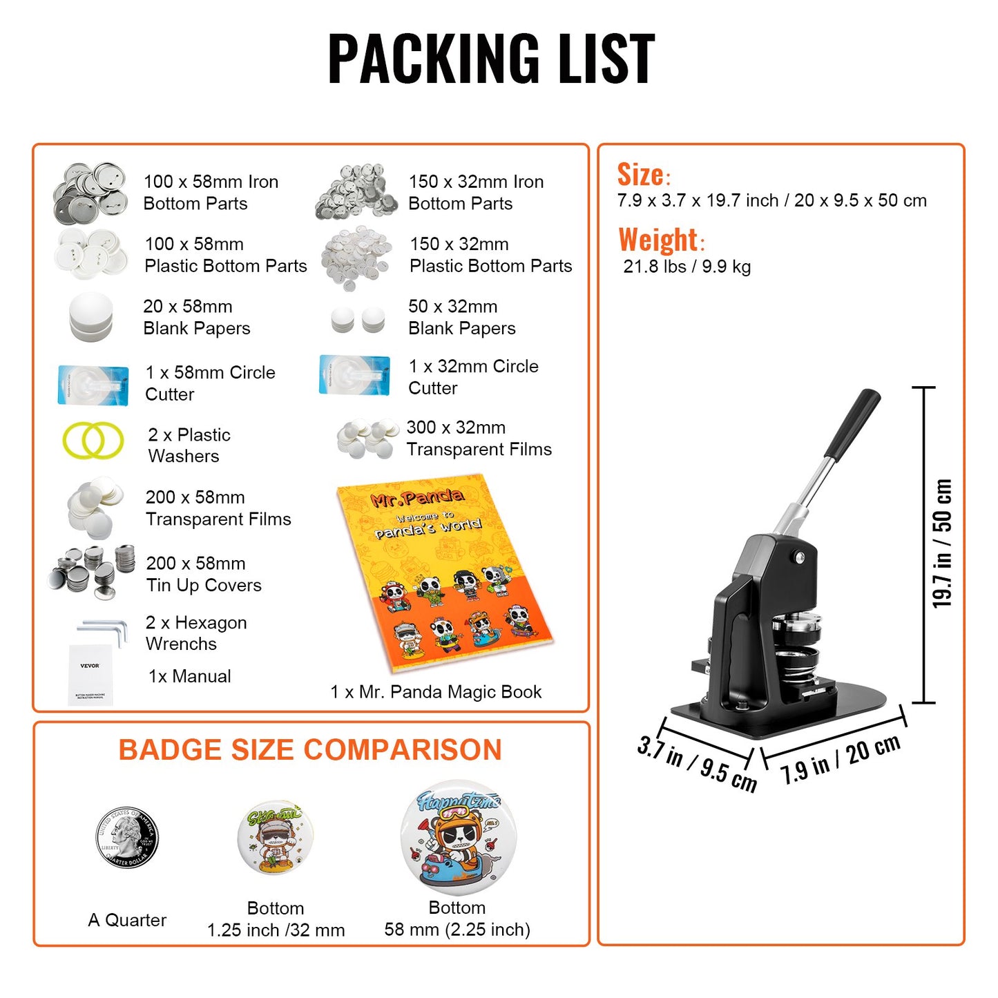 Button Maker Machine, Multiple Sizes 1.25+2.25 Inch Badge Punch Press Kit, Children DIY Gifts Pin Maker, Button Making Supplies with 500pcs Button Parts & Circle Cutter & Magic Book