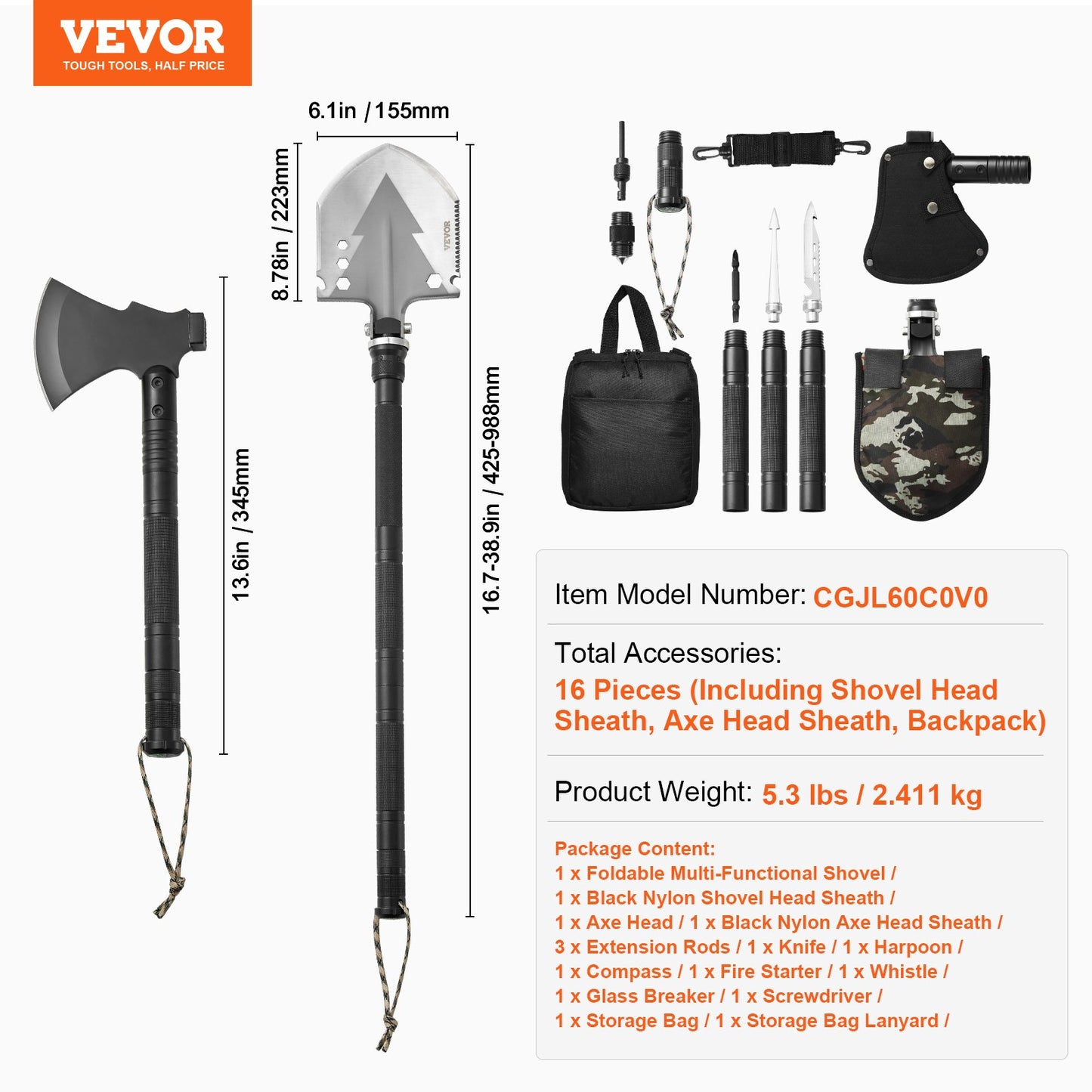 Survival Shovel Survival Axe, 16-in-1 Camping Folding Shovels with Hatchet, Stainless Steel Tactical Shovel Hatchet Combo, Multifunctional Emergency Survival Gear Equipment for Camping Hiking