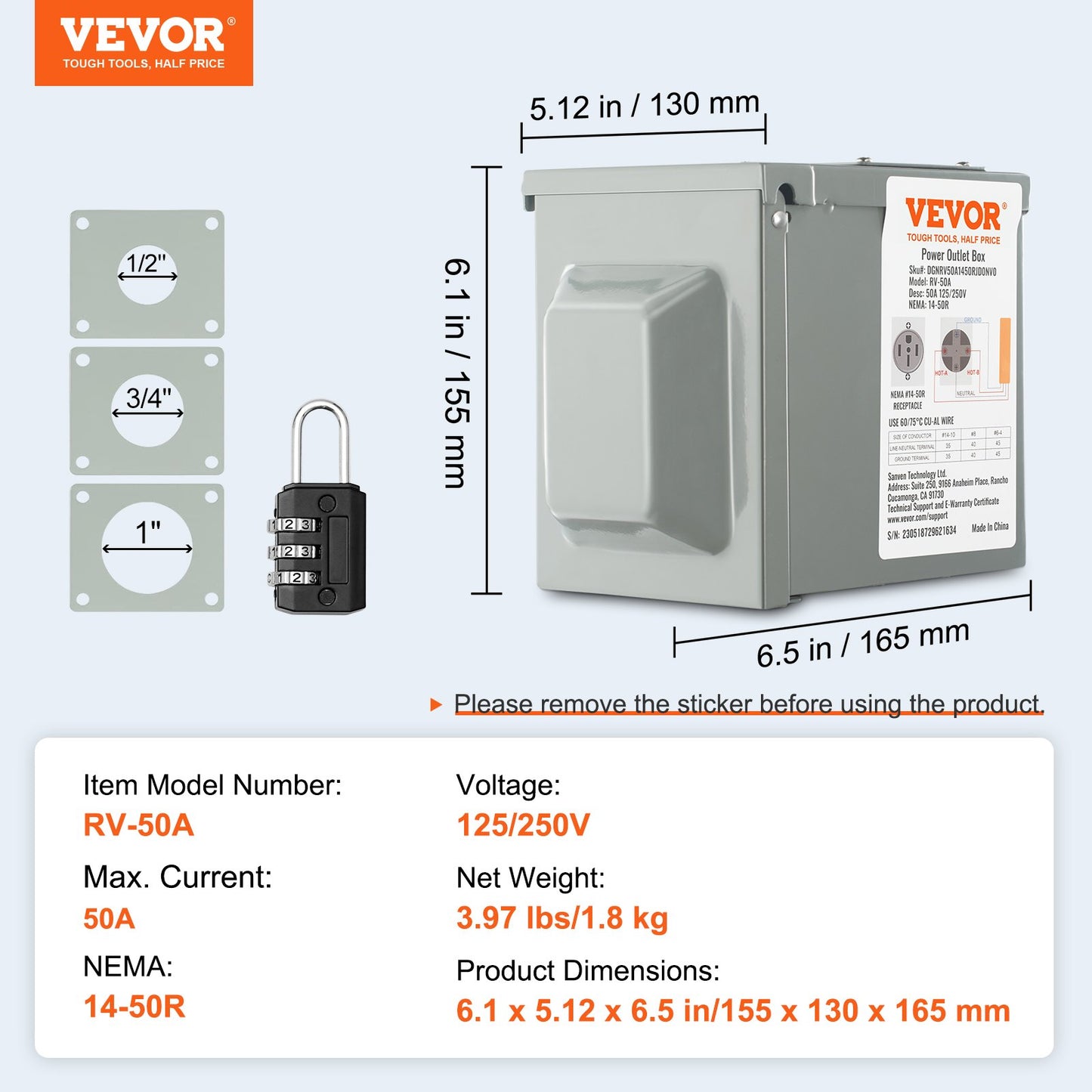 50 Amp RV Power Outlet Box, 125/250 Volt, Enclosed Lockable Outdoor RV Receptacle Box, NEMA 14-50R Weatherproof Electrical Panel, for RV Camper Trailer Motorhome