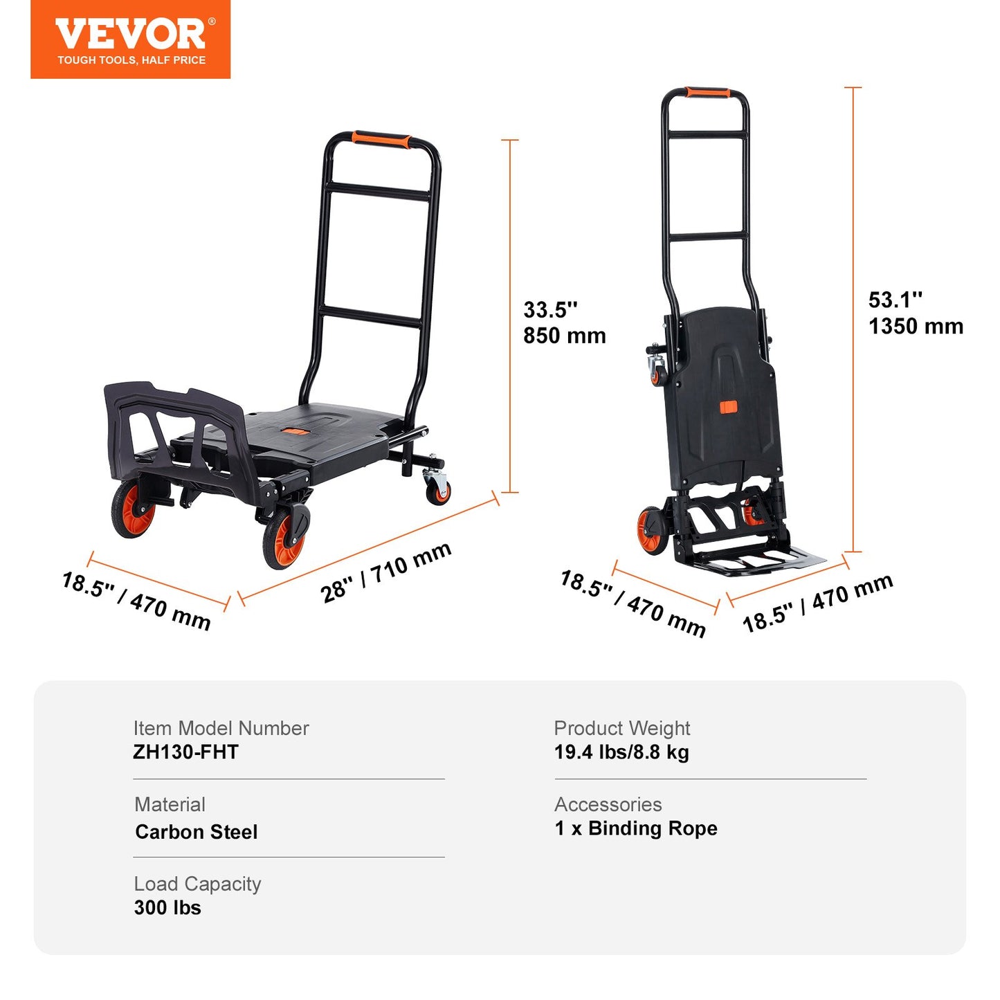 Aluminum Hand Truck, 2 in 1, 300 lbs Load Capacity, Heavy Duty Industrial Convertible Folding Hand Truck and Dolly, Utility Cart Converts from Hand Truck to Platform Cart with Rubber Wheels