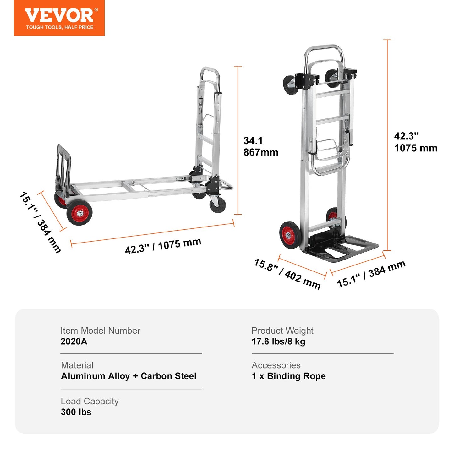 Aluminum Folding Hand Truck, 2 in 1 Design 400 lbs Capacity, Heavy Duty Industrial Collapsible cart, Dolly Cart with Rubber Wheels for Transport and Moving in Warehouse, Supermarket, Garden
