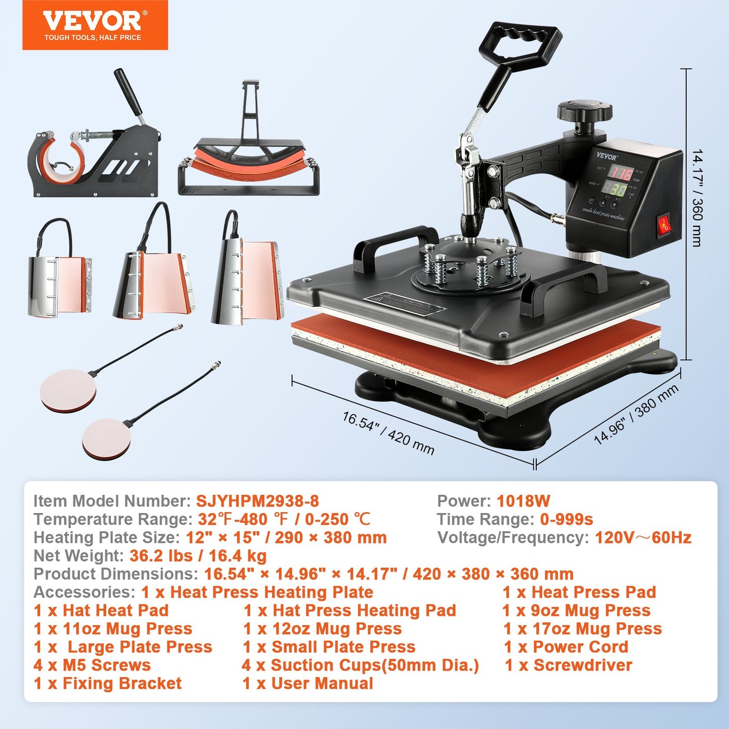 8 in 1 Heat Press Machine 12"x15" Digital Transfer T-shirts Mug Hat Plate Cap