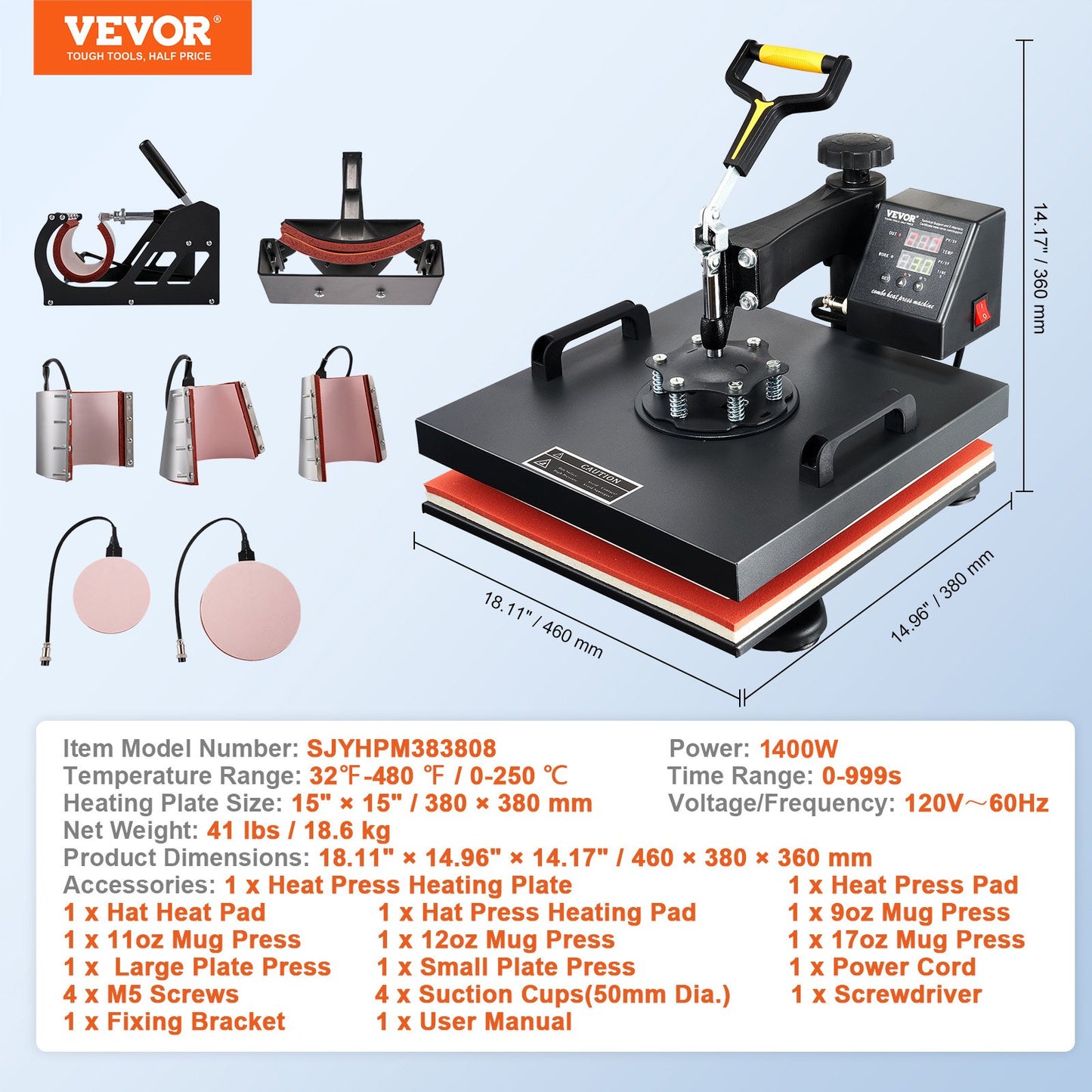Heat Press Machine 15x15Inch 8pcs 1050W Combo Digital Multifunctional Sublimation Heat Transfer Machine Dual LED Display for T Shirts Hat Mug Cap Plate Swing Away Design