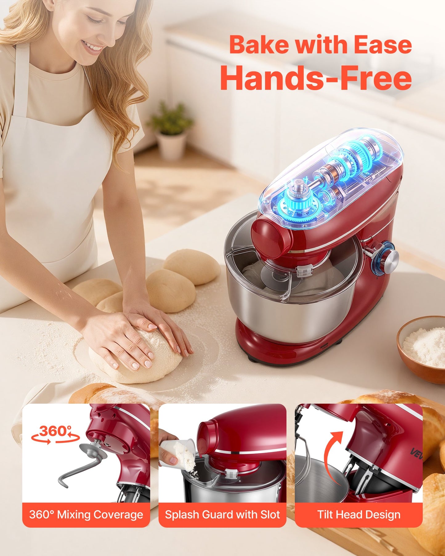 Stand Mixer, 6 QT Electric Kitchen Mixer, 660W Dough-Mixer, 6+P Speeds Tilt-head Food-Mixer with 1.6 QT Blender Cup, Stainless Steel Bowl, Dough Hook, Whisk, Beater, for Baking, Mixing, Red