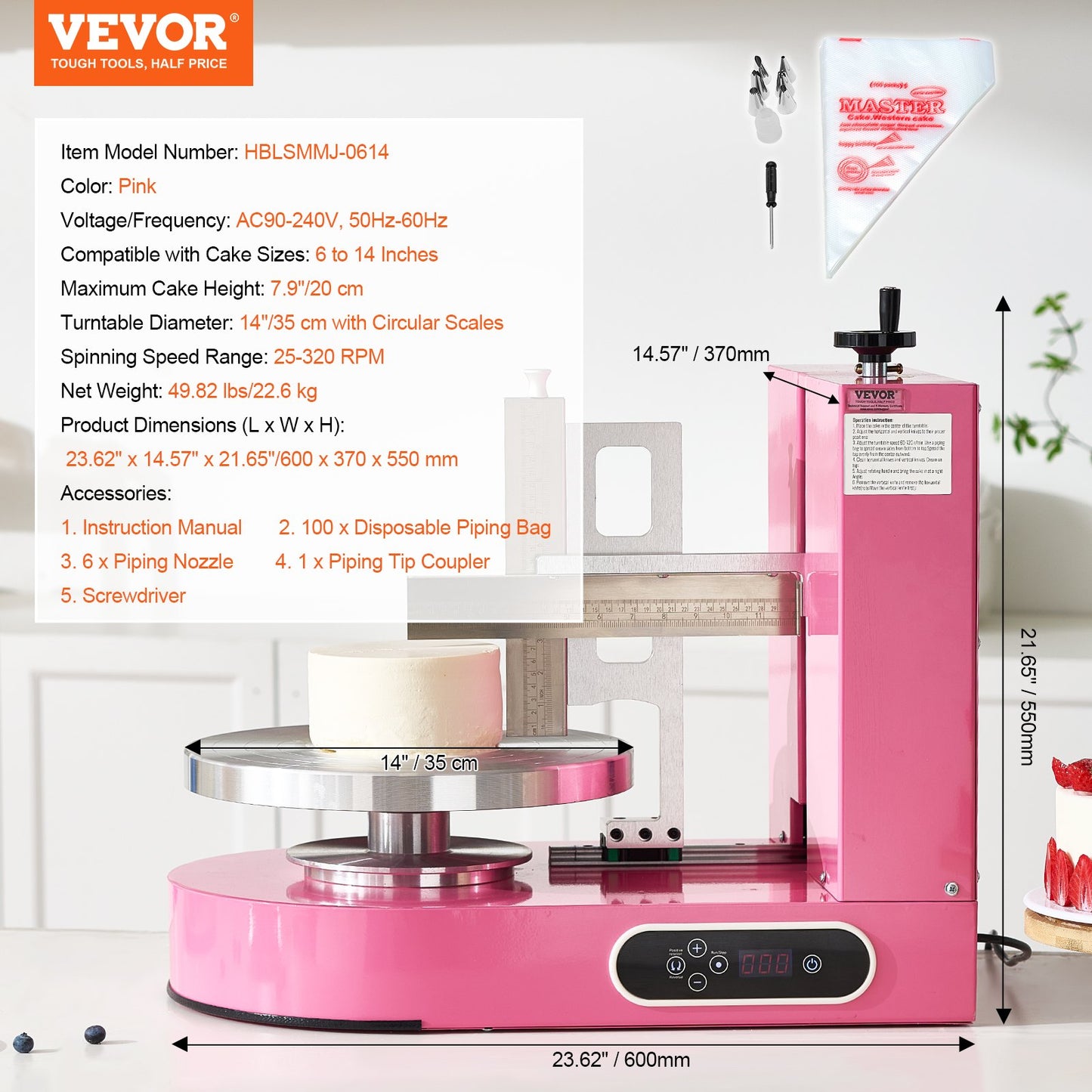 Cake Decorating Machine, Cake Cream Spreading Coating Smearing Machine, Low Noise Cake Frosting Machine, Turntable with Adjustable Scraper, for 6" to 14" Cake, 25-320RPM Rotating Speed, Pink