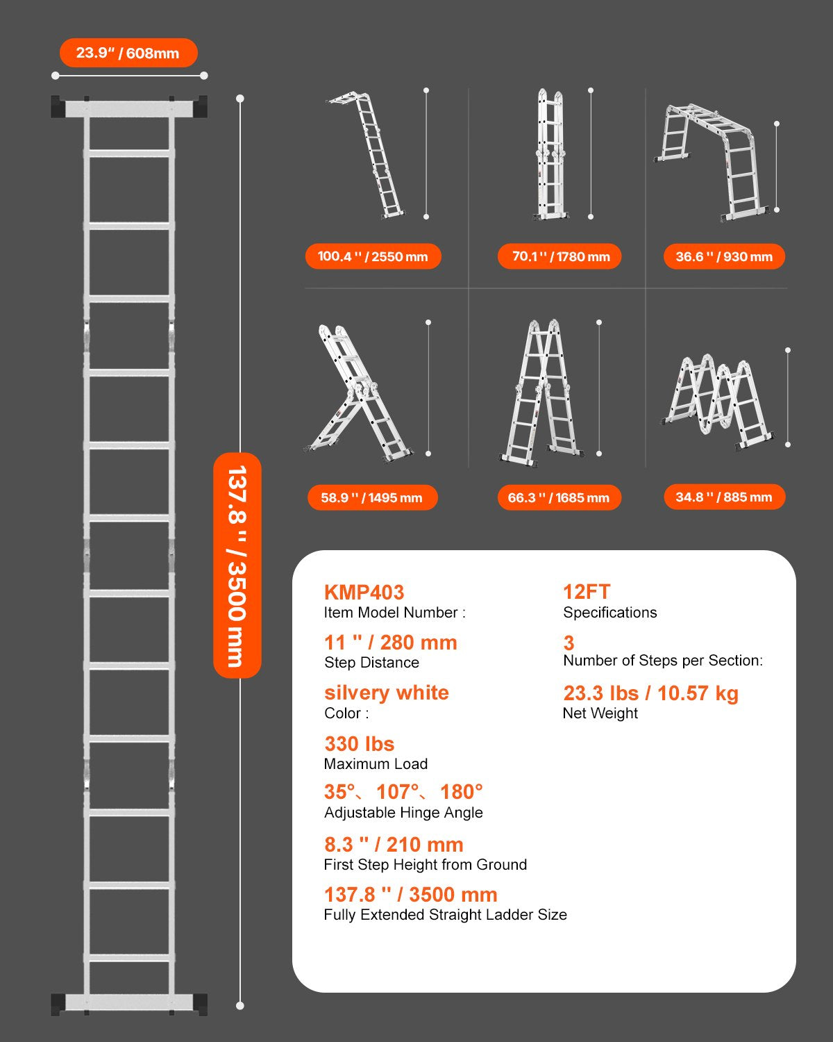 Multi-Purpose Folding Ladder, 7-in-1 Tall Step Ladder, A Frame 3 Step Adjustable Telescoping Ladder, 12ft Reach Height Heavy Duty Extension Ladder, 330 lbs Capacity for Household Outdoor Work