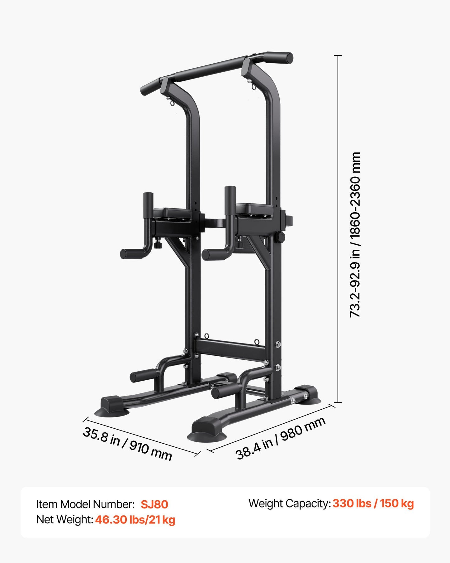 Pull Up Bar, 330 LBS Power Tower Dip Station, Workout Dip Station with H-Shaped Stable Base & Back Pad, Adjustable 12 Level Height Free Standing Chin Up Bar for Back, 4-Level Adjustable Back Pad