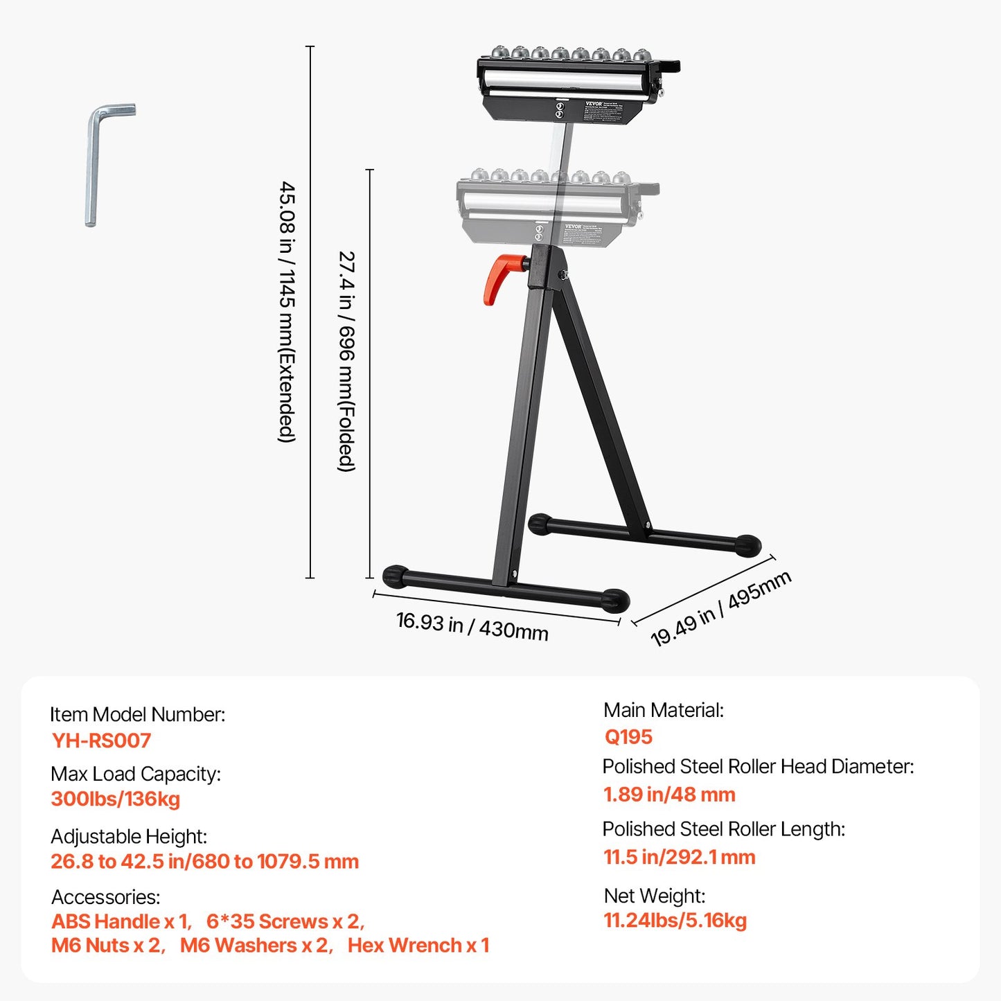 Roller Stand, 300 lb Load Capacity, 26.8-42.5 in Adjustable Height, Folding Heavy Duty with 11.5 inch Polished Multi-directional Roller Head, for Table Saw Outfeed Woodworking Extension Support