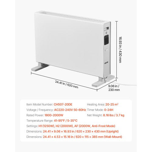 Konvektionspanelvärmare, 2000W elektrisk panelvärmare med fjärrkontroll och pekkontroll, 3 lägen, 24 timmars timer, stativ- eller väggmonterad design med tippskydd och överhettningsskydd för hem och kontor | EU