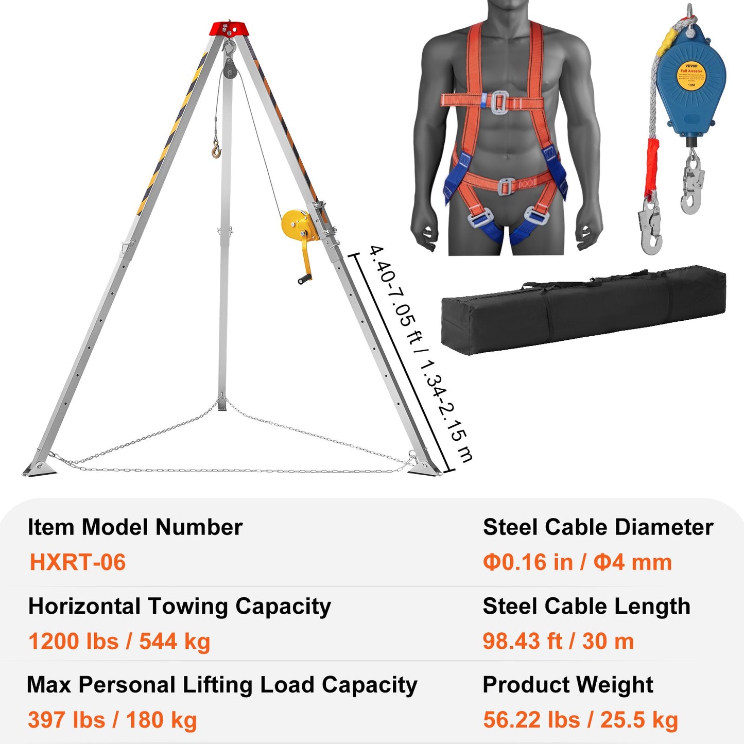 Confined Space Tripod Kit, Confined Space Tripod 7' Legs and 98' Cable, Confined Space Rescue Tripod 32.8' Fall Protection, 1200 lbs Winch, Harness, Storage Bag
