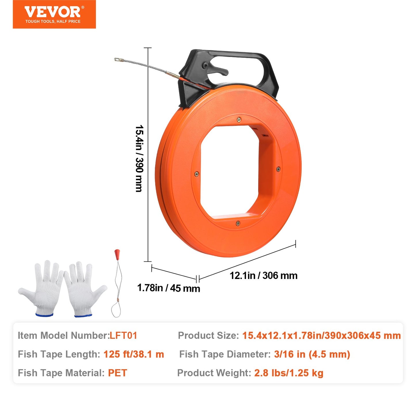 Fish Tape, 125-foot, 3/16-inch, PET Wire Puller with Optimized Housing and Handle, Easy-to-Use Cable Puller Tool, Flexible Wire Fishing Tools for Walls and Electrical Conduit, Non-Conductive