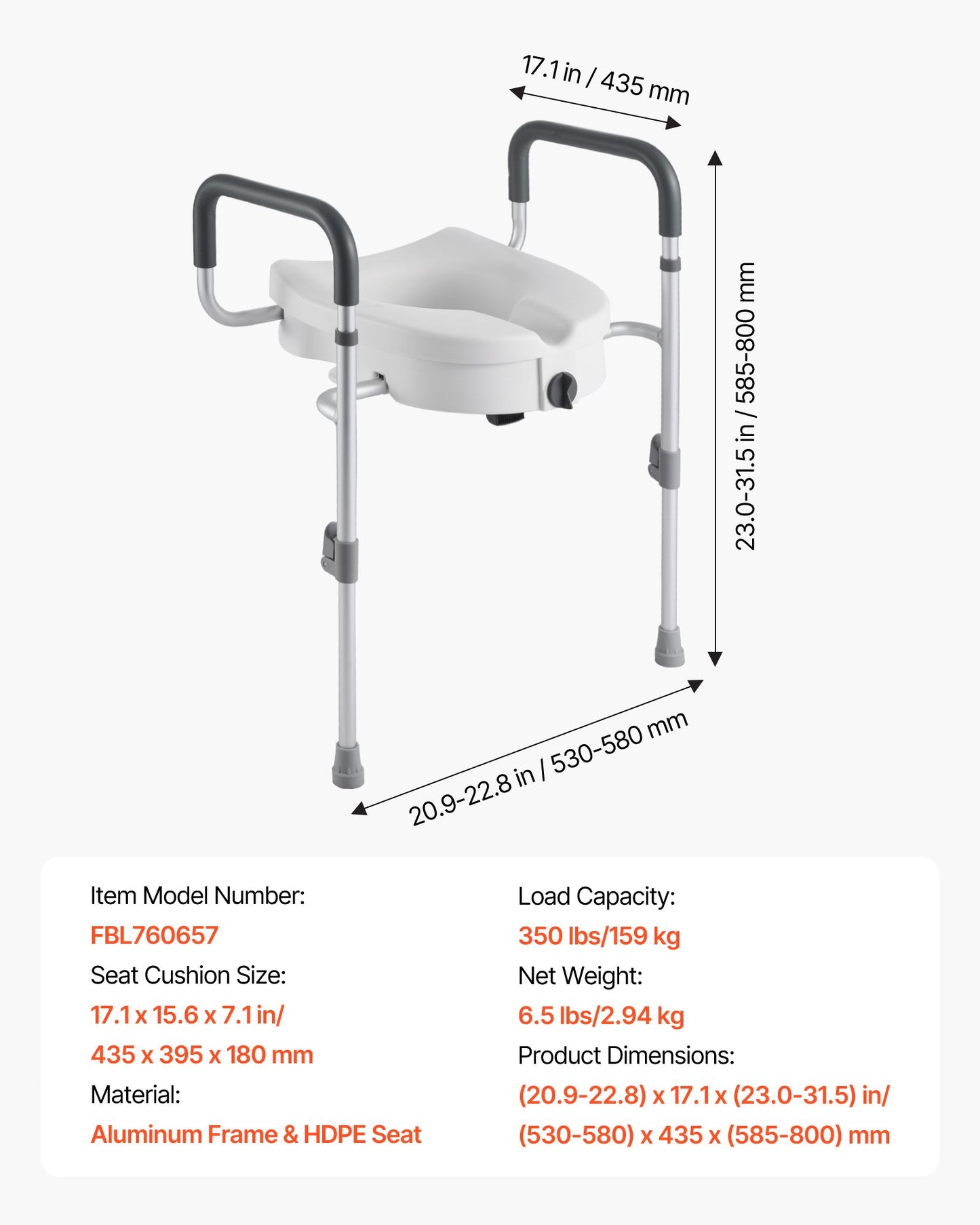 Raised Toilet Seat with Arms, 350 lbs Capacity, 5-Inch Lift Height & Adjustable Width, Widened Commode Elevated Toilet Seat Riser with Handles for Seniors, Elderly, Handicap, Disabled, Adults
