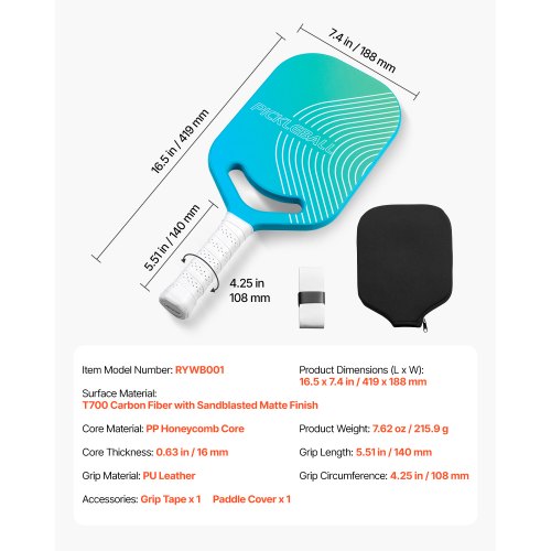 Pro Pickleball-Schläger aus Kohlefaser mit Aero Throat Honeycomb Core Racket | EU