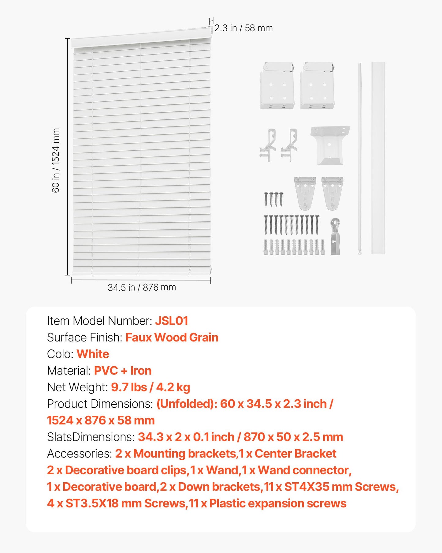 Faux Wood Blinds, 2" Slat, 34.5" W x 60" H, Cordless Window Blinds and Shades with Decorative Board, Easy to Clean and Simple Light Adjustment, for Room Darkening, Home Interior Windows, White