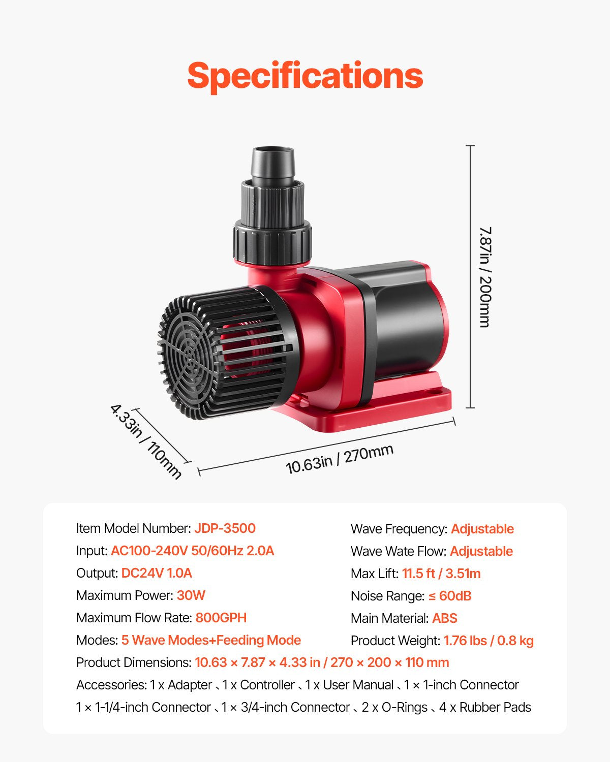 Aquarium 24V DC Water Pump, 30W, 800 GPH Marine Wavemaker Return Pump with Controller, Adjustable Flow, Feed Mode, 11.5 ft Maximum Lift, for Saltwater Freshwater Fish Tank Sump Pond Circulation