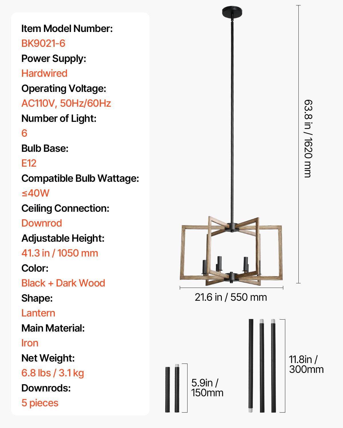 6-Light Chandelier, Metal Farmhouse Chandelier, Adjustable Height, Dining Room Hanging Light Fixture for Ceilings, Modern Chandelier for Bedroom, Foyer, Hall, Kitchen, Living Room and Entryway