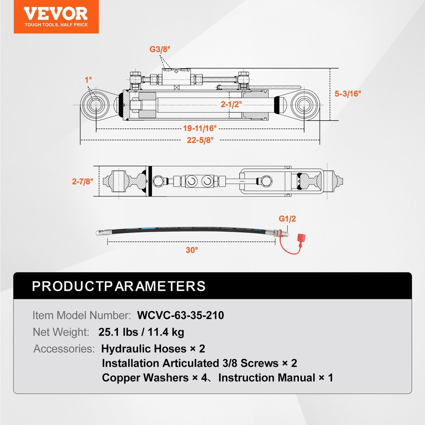 Hydraulic Top Link Cat. 2-2(8-5/16 in, 19-11/16~28 in), Hydraulic Cylinder with 2 Hoses & G3/8" Check Valve