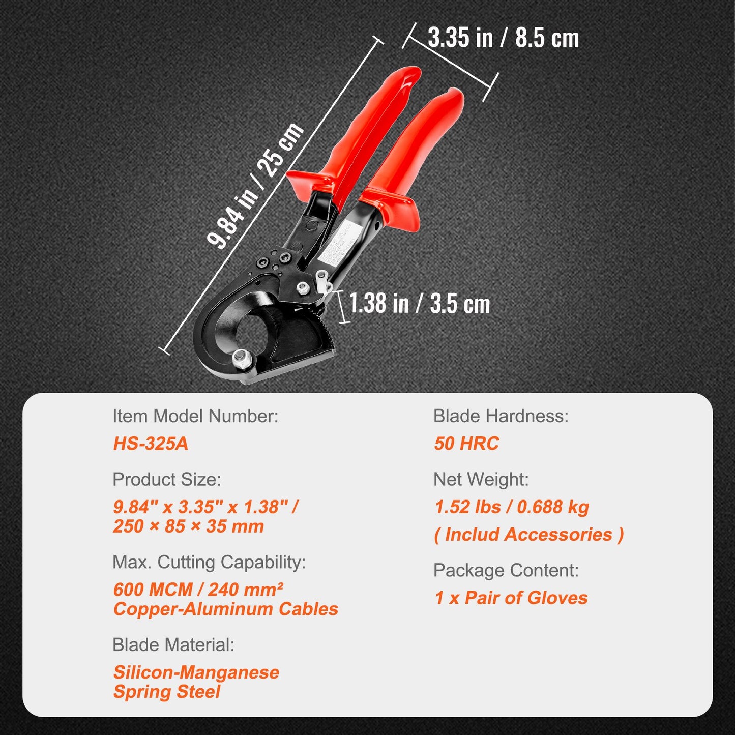 Ratcheting Cable Cutter, 10" Wire Cutter Heavy Duty with Gloves, Strong Silicon-Manganese Spring Steel Blade-for Cutting Up to 240 mm² /473 MCM Electrical Wire