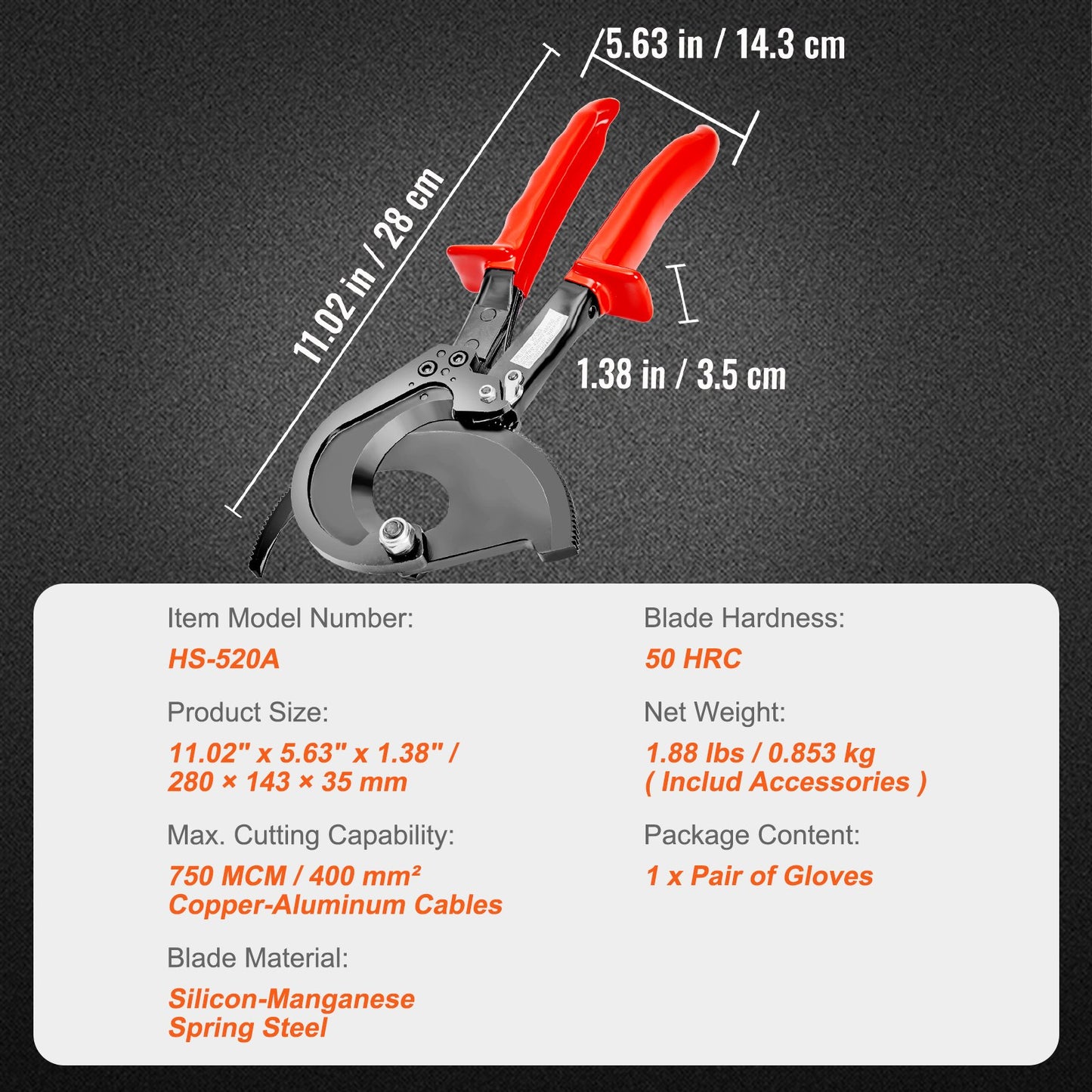 Ratcheting Cable Cutter, 11" Wire Cutter Heavy Duty with Gloves, Strong Silicon-Manganese Spring Steel Blade-for Cutting Up to 400 mm² / 780 MCM Electrical Wire