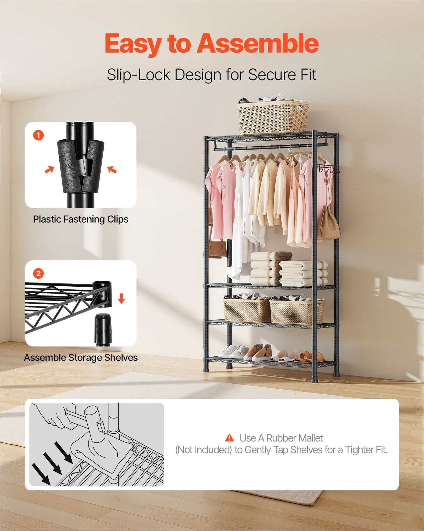 Clothing Garment Rack, Heavy Duty Clothing Garment Rack, 4 Adjustable Tiers Clothing Racks with Carbon Steel, 500 lbs Load Capacity Closet Wardrobe for Bedroom, Clothing Store, Hallway