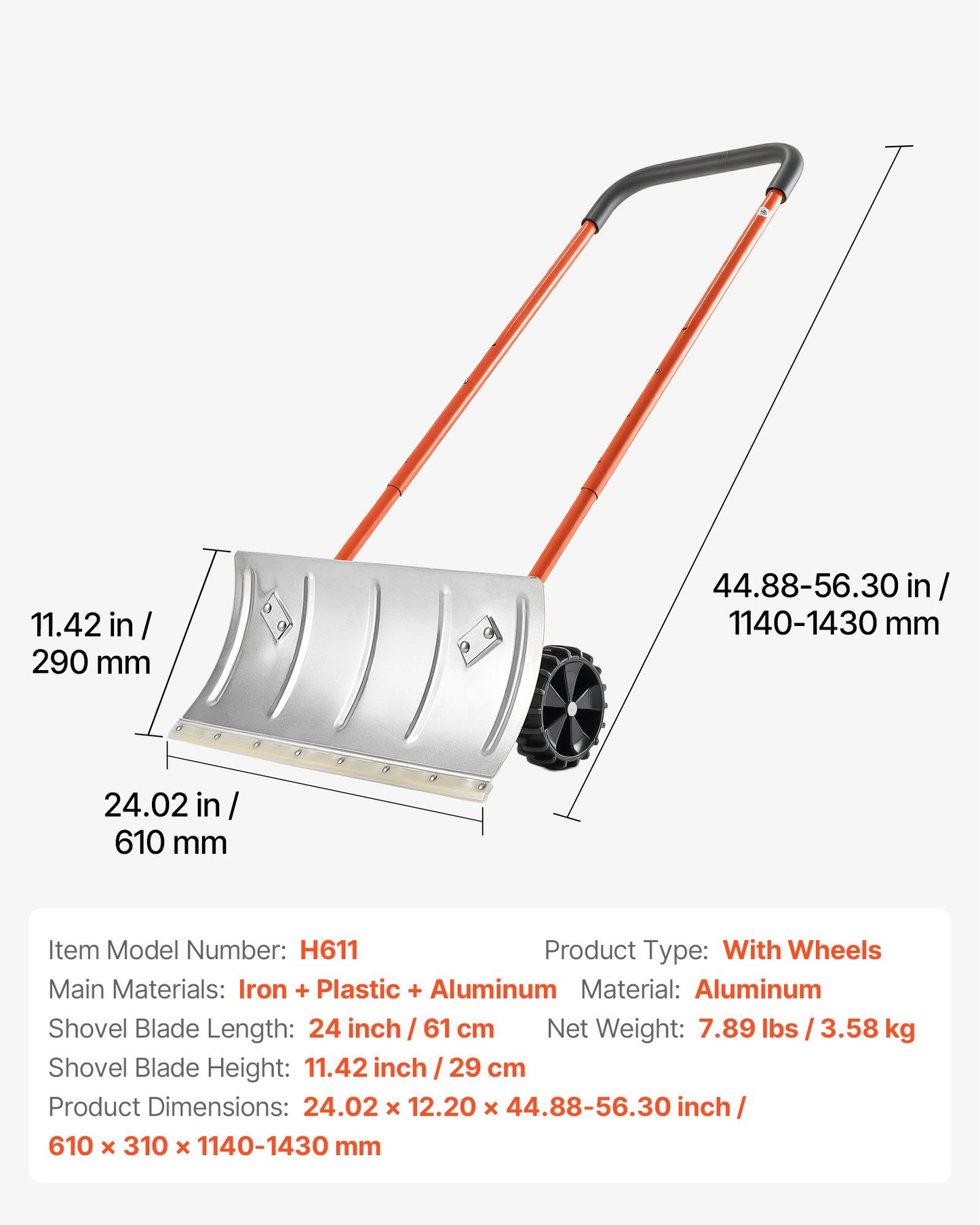 Snow Pusher Shovel with Wheels, 24 in Wheeled Snowplow Shovel with Bi-Directional Angled Blade & 90 Degree Adjustable Handle, Metal Winter Shovels, Portable Snow Removal Tool for Driveway Garden