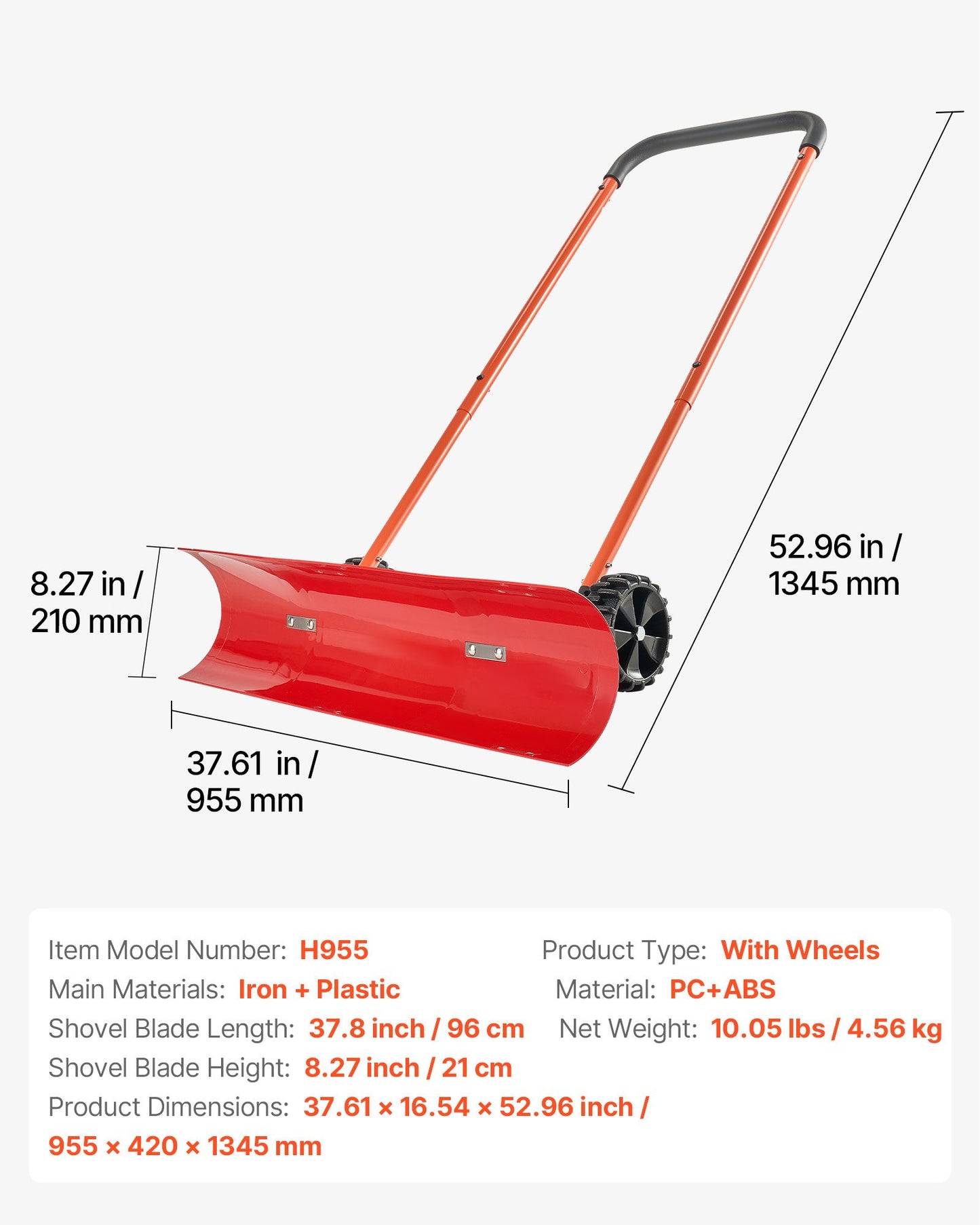 Snow Pusher Shovel with Wheels, 37.8 in Wheeled Snowplow Shovel with Bi-Directional Angled Blade & 90° Adjustable Handle, Durable Plastic Winter Shovels, Portable Snow Removal Tool for Driveway