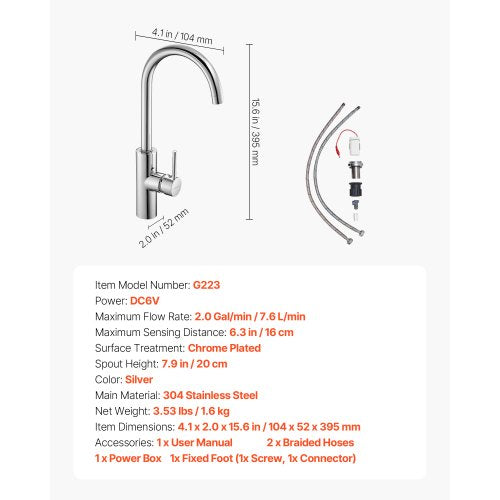 Beröringsfri Köksblandare, Enkelgreppsblandare med Automatisk Rörelsesensor, Handsfree Justerbar Kallvarmvattenblandare Flexibel Vridbar För 9,5 mm Rör, Förkromad Silver | EU