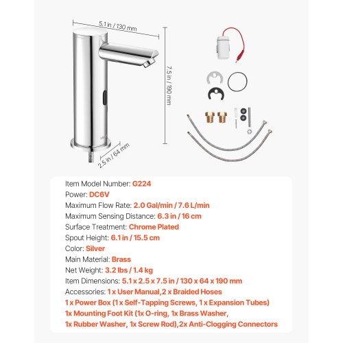 Beröringsfri badrumsblandare, automatisk rörelsesensor toalettblandare, handsfree justerbar kall varm vattenblandare med ett handtag batteridriven för 9,5 mm rör, borstad nickelsilver | EU