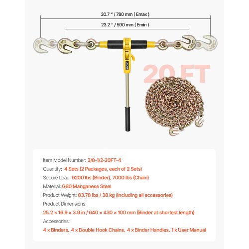 Ratschenketten-Zurrgurte 3/8 Zoll x 20 Fuß G80-Ketten Ladungszurrgurte für den Transport | EU