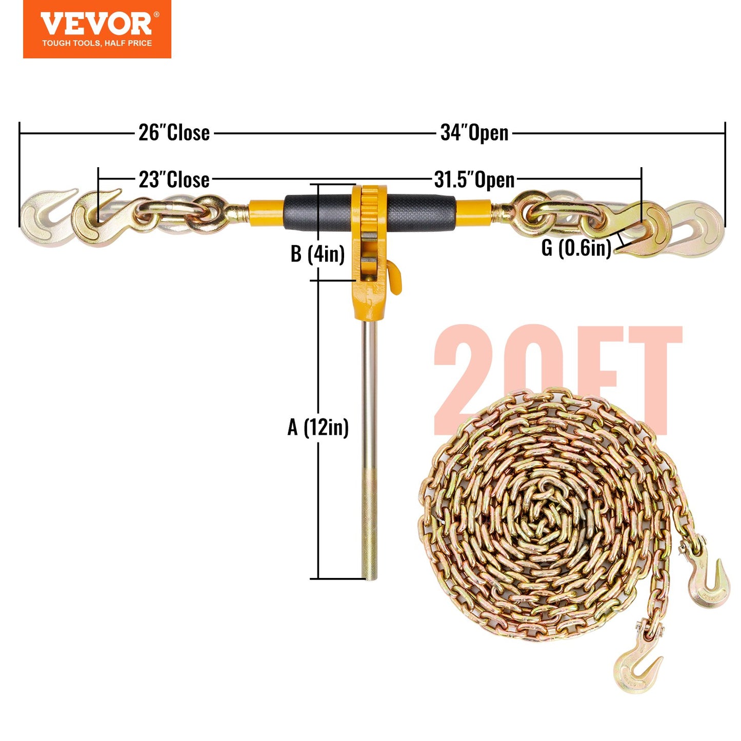 Ratchet Chain Binder 2PCS, 3/8"-1/2" Heavy Duty Load Binders, with G80 Chains 12000 lbs Secure Load Limit, Labor-saving Anti-skid Handle, Tie Down Hauling Chain Binders for Flatbed Truck Trailer