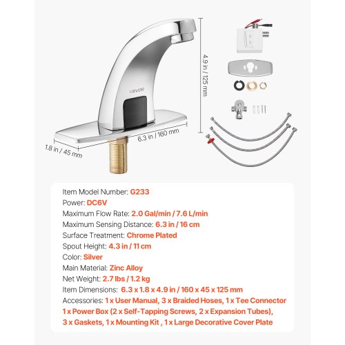 Beröringsfri badrumsblandare, automatisk rörelsesensor toalettblandare med hålplatta, batteridriven, varmt/kallt vatten för 9,5 mm rör kommersiell toalett, förkromad silver | EU