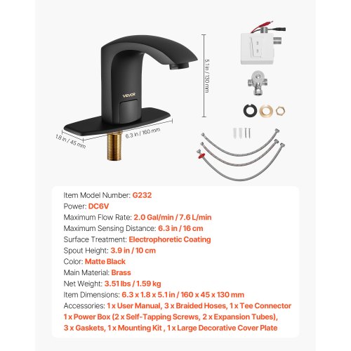 Beröringsfri badrumsblandare, automatisk rörelsesensor toalettblandare med hålplatta, batteridriven, justerbar temperatur för 9,5 mm rör kommersiell toalett, mattsvart | EU