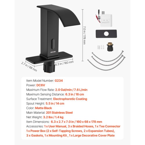 Beröringsfri badrumsblandare, automatisk rörelsesensor vattenfall toalettblandare med hålplatta, batteridriven, varmt/kallt vatten för 9,5 mm rör kommersiell toalett, mattsvart | EU