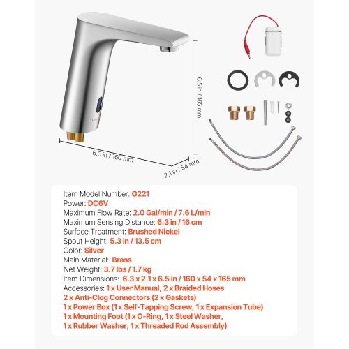 Beröringsfri badrumsblandare, automatisk rörelsesensor toalettblandare, handsfree justerbar kall varm vattenblandare med ett handtag batteridriven för 9,5 mm rör, borstad nickelsilver | EU