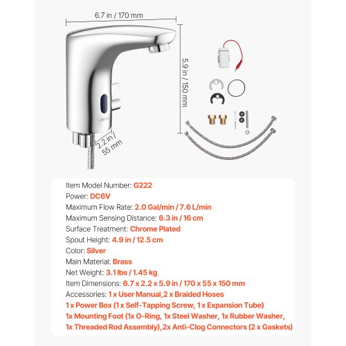 Beröringsfri badrumsblandare, automatisk rörelsesensor toalettblandare, handsfree justerbar kall varm vattenblandare med ett handtag batteridriven för 9,5 mm rör, förkromad silver | EU