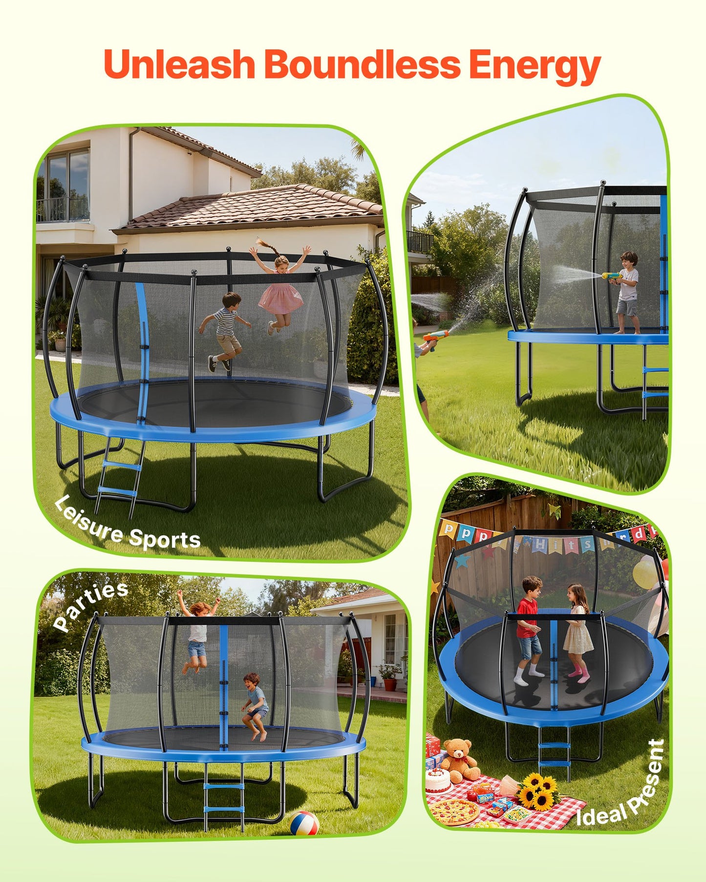 Outdoor Trampoline, 10FT Recreational Trampoline, ASTM Approved Trampolines with Enclosure Net & Thickened Pad, Max 265 lbs Weight Capacity, Anti-Rust Backyard Trampolines for Kids & Adults