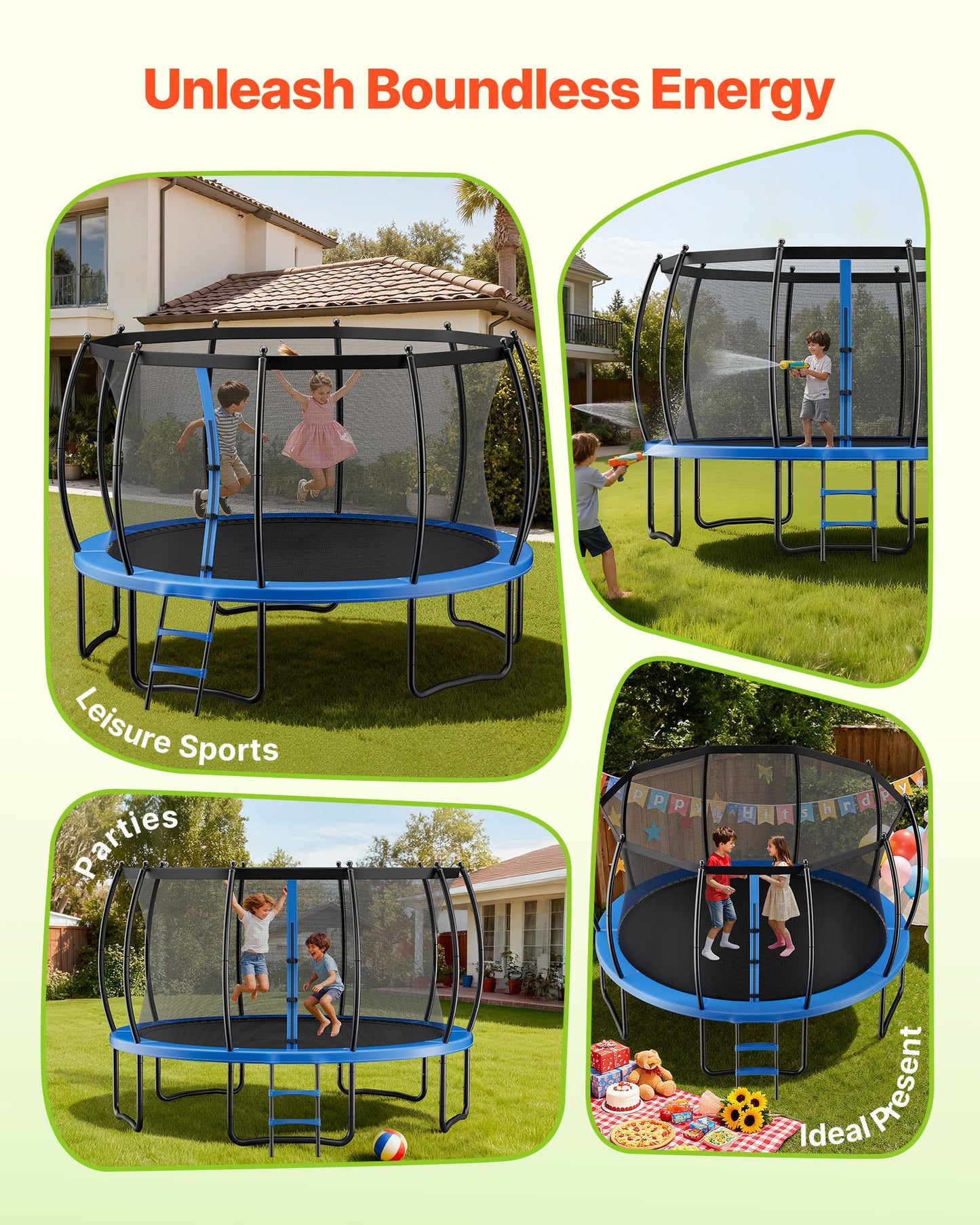 Outdoor Trampoline, 15FT Recreational Trampoline, ASTM Approved Trampolines with Enclosure Net & Thickened Pad, Max 470 lbs Weight Capacity, Anti-Rust Backyard Trampolines for Kids & Adults