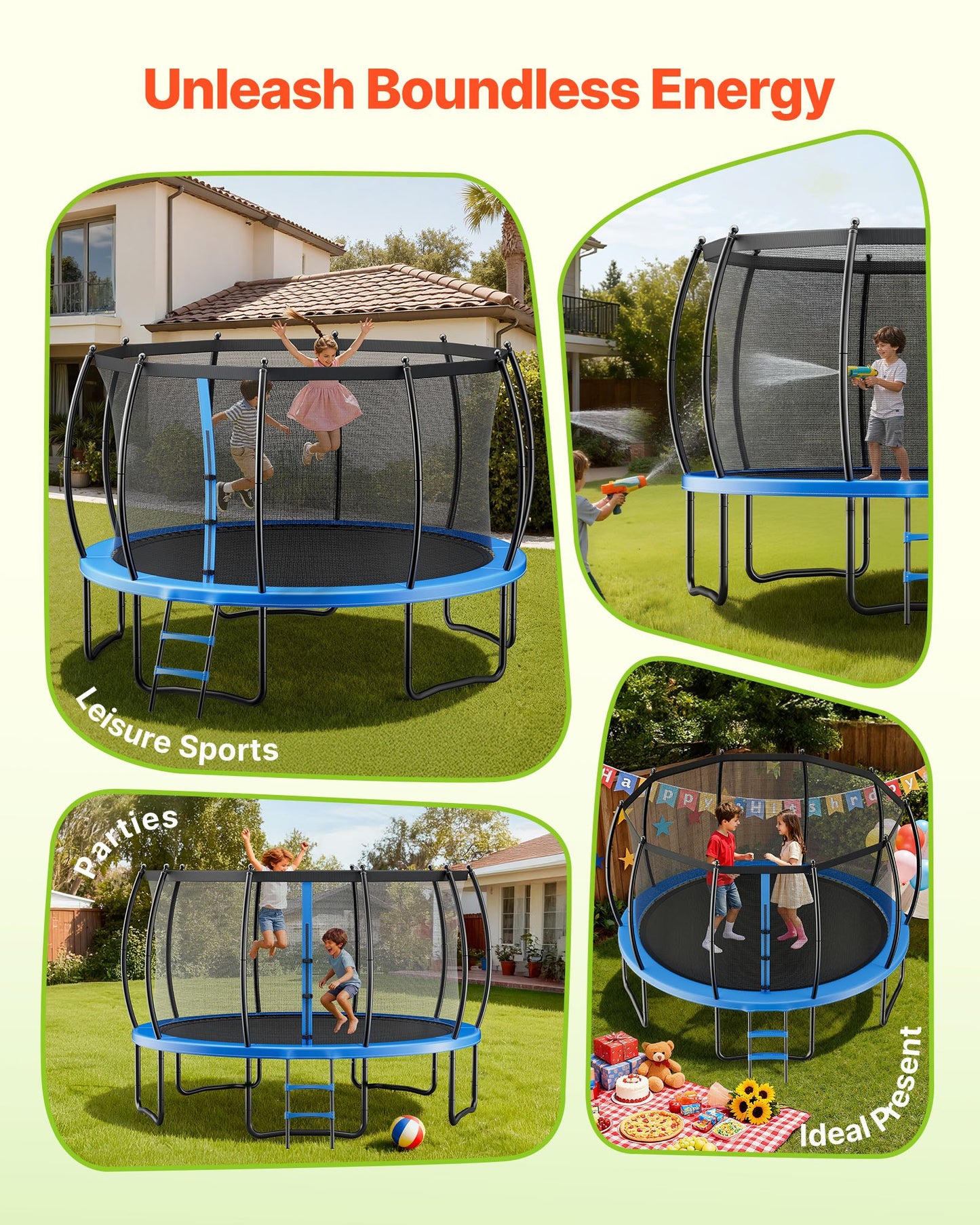 Outdoor Trampoline, 16FT Recreational Trampoline, ASTM Approved Trampolines with Enclosure Net & Thickened Pad, Max 475 lbs Weight Capacity, Anti-Rust Backyard Trampolines for Kids & Adults