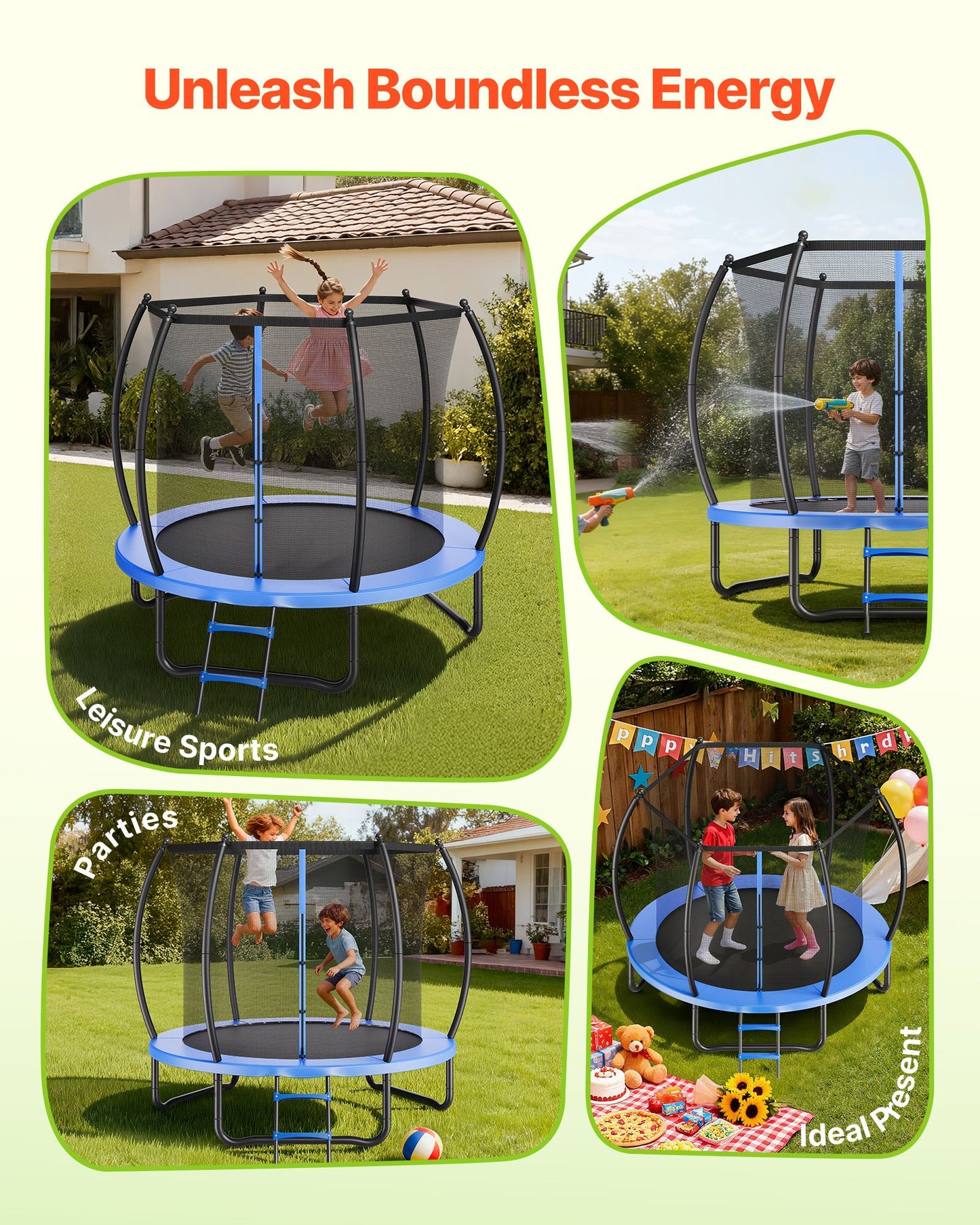 Outdoor Trampoline, 8FT Recreational Trampoline, ASTM Approved Trampolines with Enclosure Net & Thickened Pad, Max 265 lbs Weight Capacity, Anti-Rust Backyard Trampolines for Kids & Adults