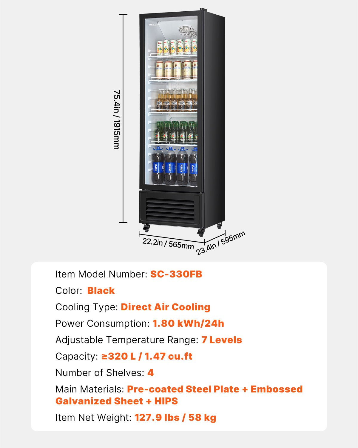 Commercial Merchandiser Refrigerator, 11.47 CU.FT Glass Door Display Refrigerator, Upright Beverage Refrigerator Cooler Merchandiser with 4 Adjustable Shelves, Casters, Soft LED Light, Black